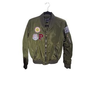 Just One Love Women's size Large Olive Patchwork‎ Varsity Prep Zip Bomber Jacket
